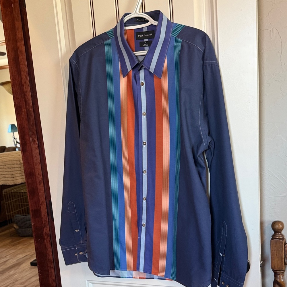 Paul Fredrick 100% Cotton Navy Shirt with Orange, Blue, and Green Stripes. Nice